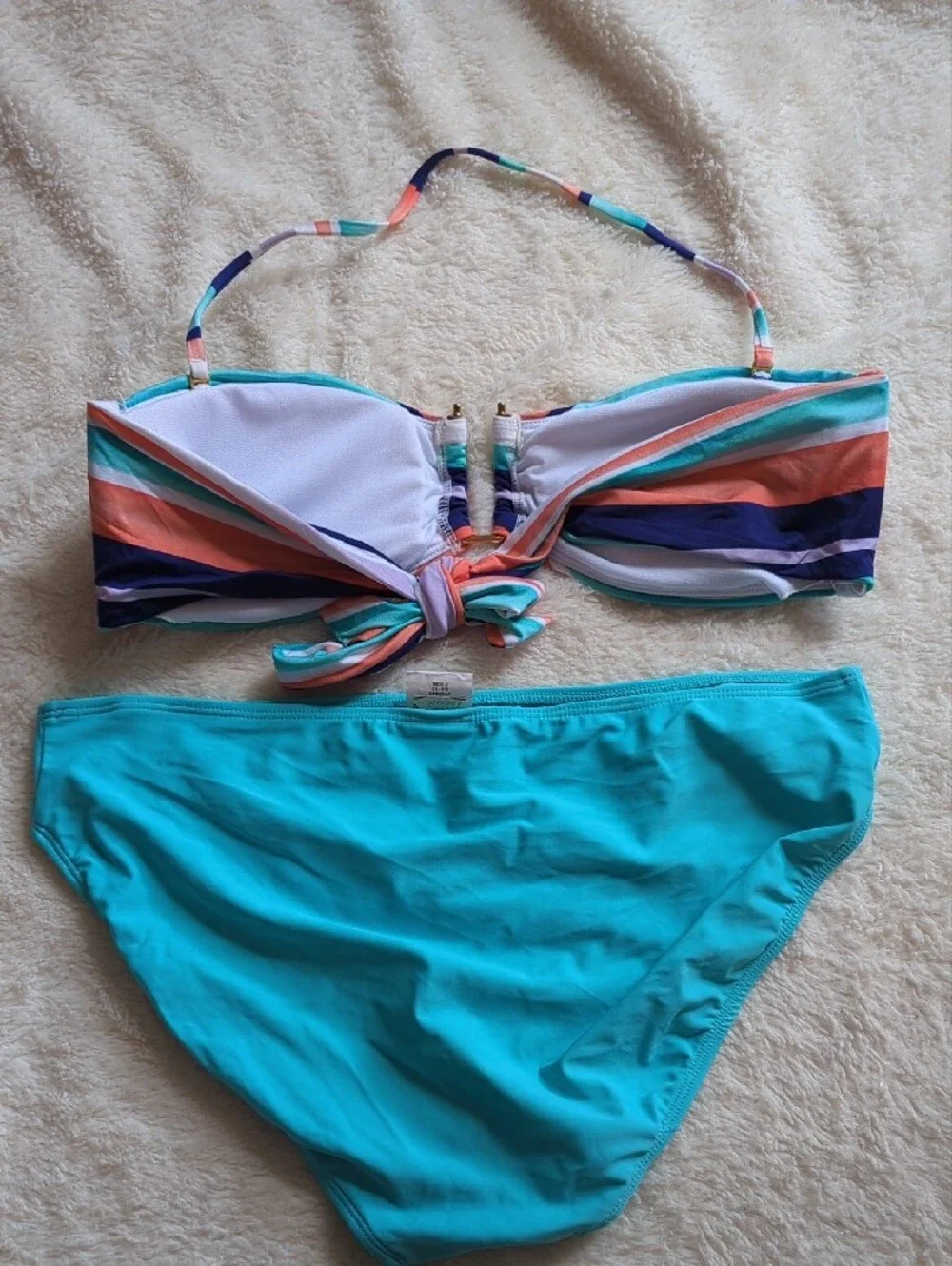 Striped Bandeau Swim Top and Aqua Bikini Bottom - Women Swim